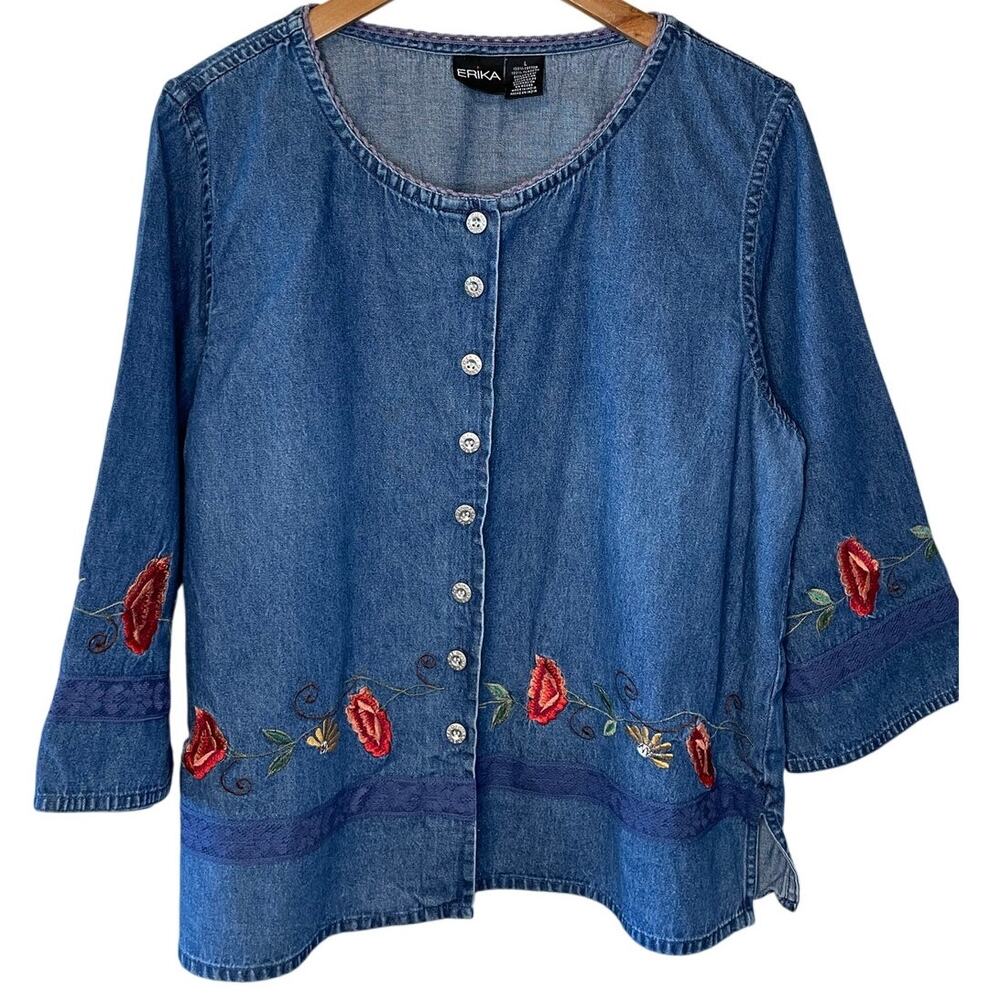Erika Floral Embroidered Cottagecore 100% Cotton Chambray Button Up Blouse Large